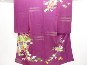 大正ロマン　錦紗檜扇・御所車模様刺繍着物